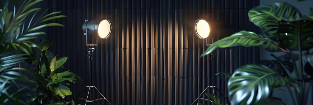 super nice looking black podcast studio, cocooning, with a plant, modern