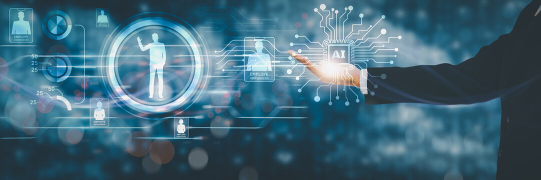 Businessman holding AI system icon, HR or Human resources recruitment employment headhunting concept, Artificial intelligence search and analyze personnel technology choose employee in corporate.