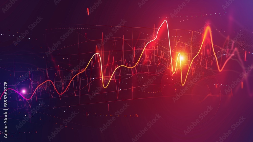 Poster a dynamic, abstract visualization of financial data with red and yellow lines representing market fl
