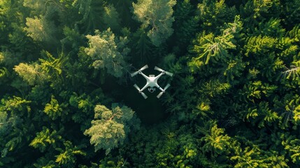 A drone hovers above a dense forest, capturing the beauty of nature from a unique perspective. The image symbolizes technology, exploration, nature, aerial photography, and environmental awareness.