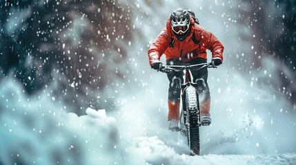 Naklejka premium A person riding a bike in the snow. Perfect for winter sports and outdoor activities. copy space for text.