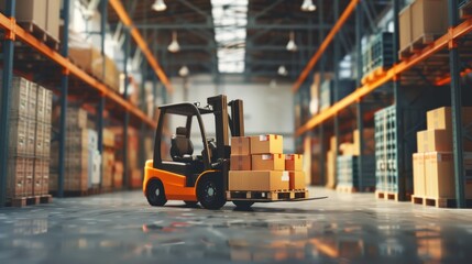 A forklift is shown moving a pallet of boxes in a large warehouse. This image symbolizes logistics, shipping, distribution, transportation, and industry.