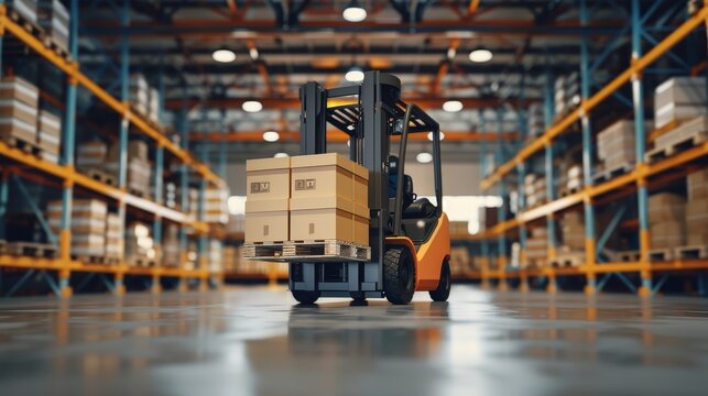 A forklift is shown moving boxes in a modern warehouse. The image symbolizes logistics, efficiency, supply chain, industry and transportation.