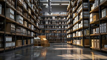 Obraz premium Organized Haven: Warehouse Overflowing with Files and Shelves inventory documents shelves