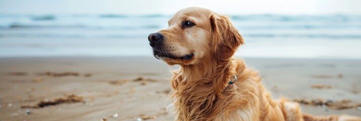 A golden retriever dog sits on a sandy beach, gazing towards the ocean with a calm and peaceful expression. The dog's golden fur contrasts beautifully with the blue sky and ocean, symbolizing  peace, 