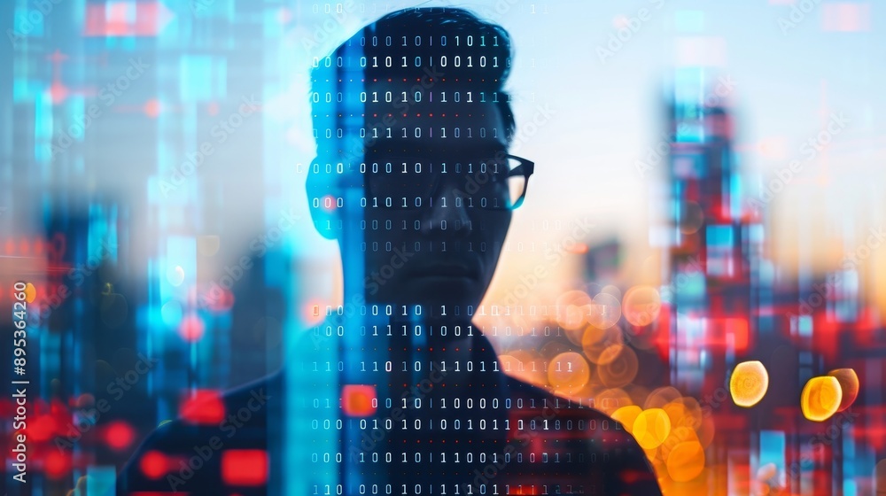 Poster a man with a determined gaze looks forward, framed by a backdrop of abstract binary code and city li