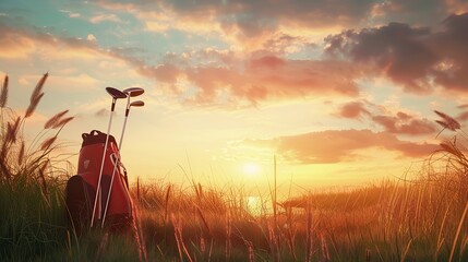 Fototapeta premium Golf Bag Clubs Sunset Fairway Leisure Sport Green Grass Outdoor Activity. copy space for text. Image of golf sport.