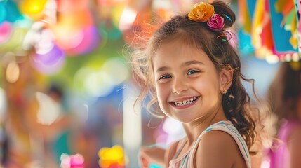 Happy Girl Participating in Craft Activities at a Festival. copy space for text.