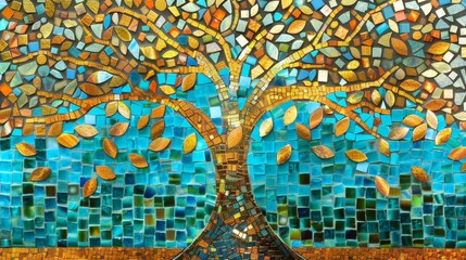 A mesmerizing mosaic artwork depicting a tree with falling leaves, symbolizing change, growth, connection to nature, artistic expression, and beauty.