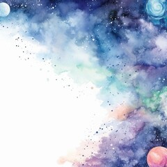 Obraz premium Watercolor space-themed border with copy space on white background, cosmic and vibrant