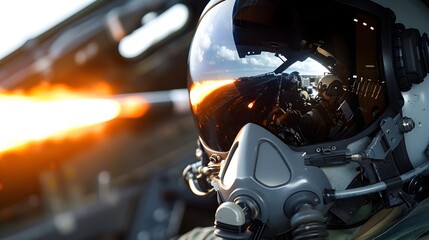 Fototapeta premium Missile Launch Reflected in Pilot Helmet Visor