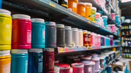 A bustling paint store with a variety of colorful paint cans displayed on shelves, showcasing the many options available