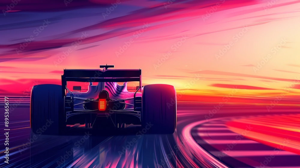 Poster a powerful formula 1 race car speeds down a track with the setting sun creating a dramatic and color