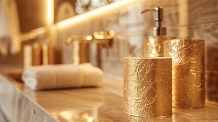 A pristine white towel rests on a marble countertop, with gold-embossed soap dispensers and a sleek, modern faucet adding a touch of elegance to the bathroom setting. The image exudes a sense of relax