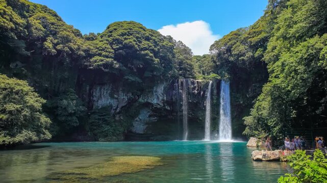 The natural scenery of Cheonjiyeon Falls in Jeju Island, Korea's beautiful island, TIME LAPSE