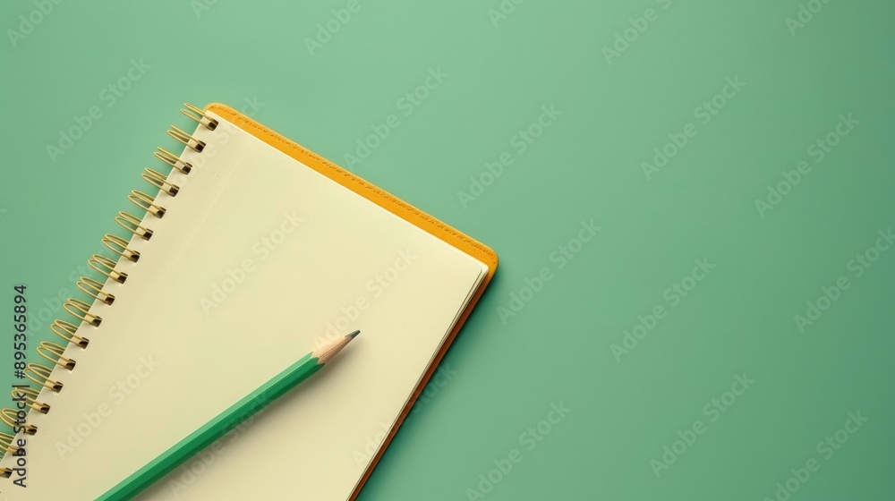 Poster neat empty notepad and pencil on green background bird s eye view