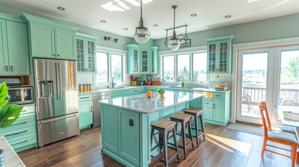 A photo of a finished kitchen with freshly painted cabinets in a bright color, creating a modern and cheerful atmosphere