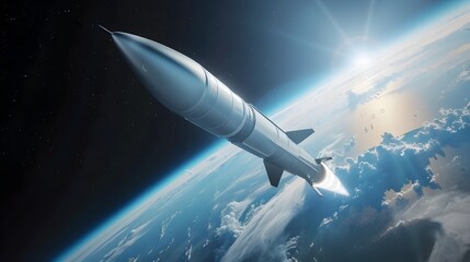Obraz premium Powerful Intercontinental Ballistic Missile Soaring Through the Upper Atmosphere