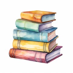 Watercolor, stack of books with the top book being yellow. The books are arranged in a pyramid shape, back to school mood