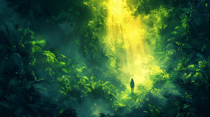 Fototapeta premium Person Navigating a Dense Mysterious Jungle with Dappled Sunlight and Lush Foliage