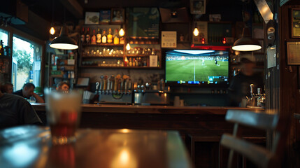 a bar with a TV on the wall and people watching the game.