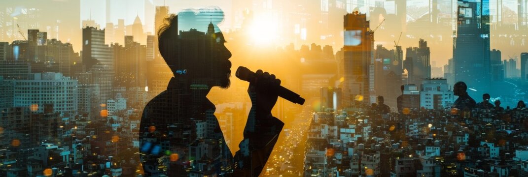 A silhouette of a singer holding a microphone, performing in front of a cityscape at sunset, symbolizing passion, ambition, urban life, performance, and dreams.