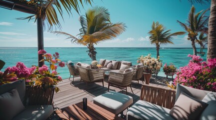 Fototapeta premium A tranquil scene of luxury lounge chairs on a wooden deck overlooking a stunning turquoise ocean. Palm trees sway in the breeze, creating a sense of serenity and escape. The image evokes feelings of r