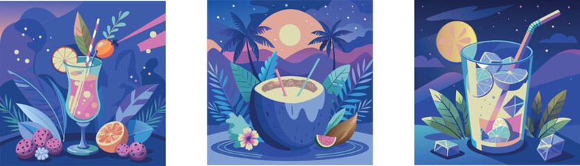 Vector collection of three paintings depicting tropical drinks in glasses and in coconut with straw and ice, blue sky, fruits and flowers in the background