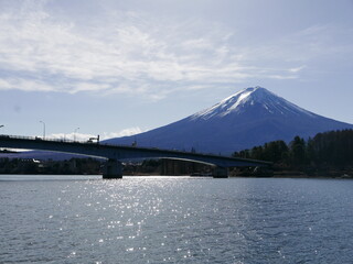 Fuji mountain in the morning with bridge,  Kawaguchiko lake, Japan