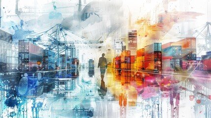 A watercolor abstract depicting the global trade and logistics industry. The image symbolizes shipping containers, cargo ships, cranes, and the movement of goods.