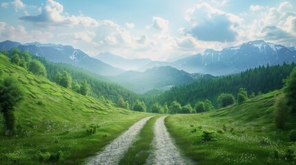 A winding dirt road leads through a verdant valley, surrounded by towering mountains, symbolizing opportunity, exploration, journey, nature, and peace.