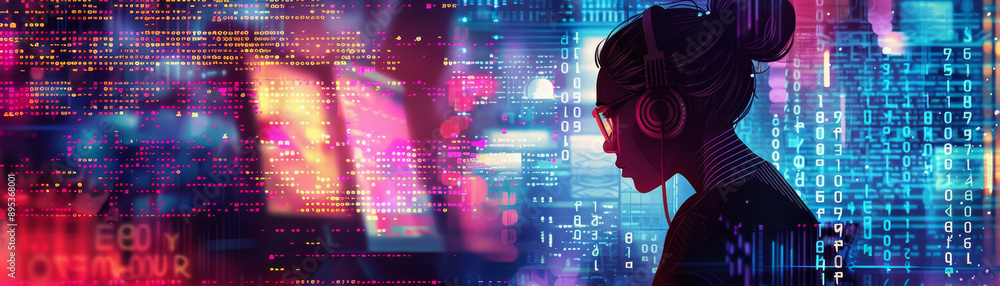 Poster a woman with headphones is focused on coding in front of a screen full of glowing digital code, repr