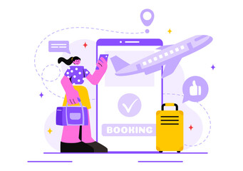 Online Travel Ticket Vector Illustration Through a Transportation and Journey Provider App for Booking in a Flat Style Cartoon Background