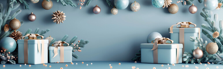 Christmas banner web poster header for website. Elegant Christmas scene with blue gift boxes, pine cones, and festive ornaments against a soft blue background.