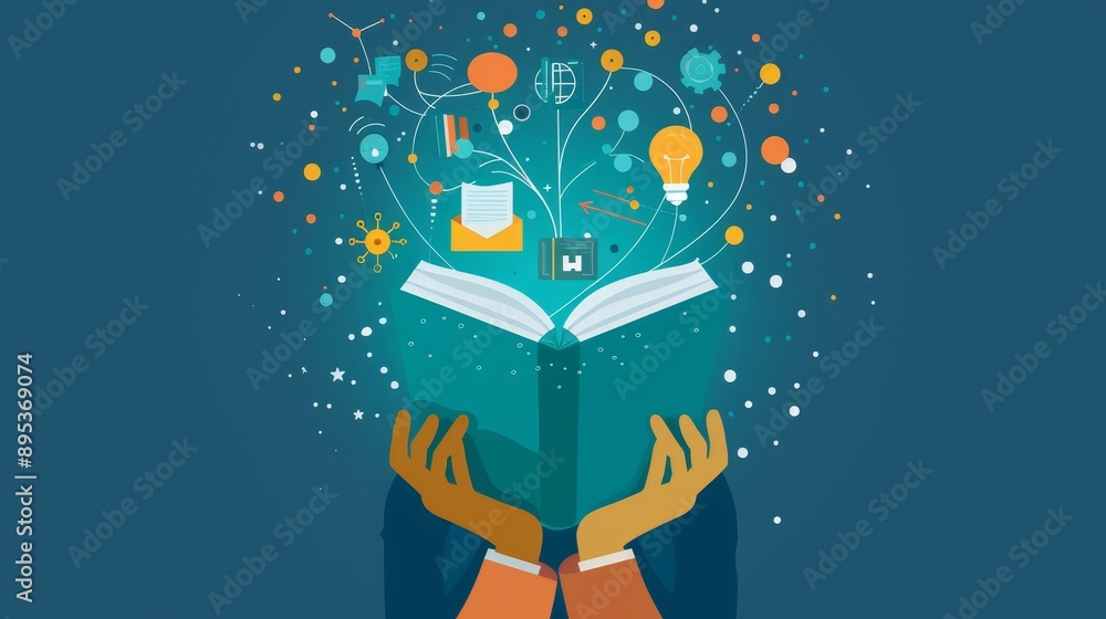 Poster an open book with hands holding it, showcasing a blooming tree of ideas with icons representing know
