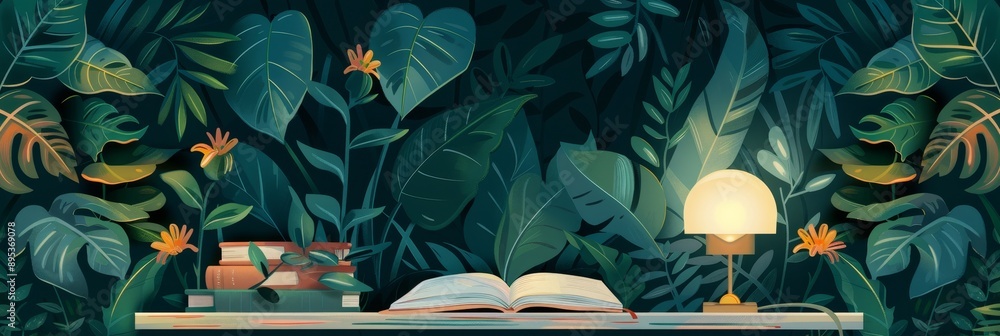 Poster an open book rests on a table in front of a vibrant jungle backdrop, illuminated by a soft lamplight