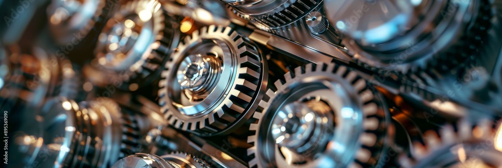 Poster close-up shot of intricate metal gears interlocked in a machine, showcasing precision engineering, s