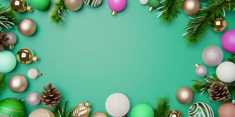 Christmas decorations with green, gold, and purple ornaments, pine branches on a green background.