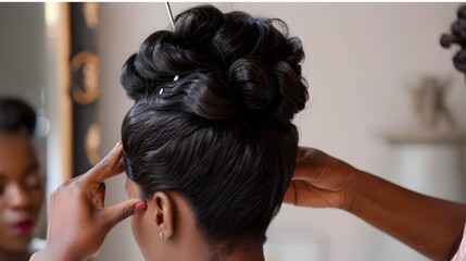 Fototapeta premium Stylist Creating Elaborate Updo Hairstyle for Woman