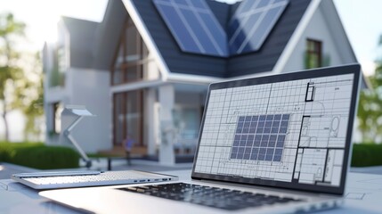 Fototapeta premium Solar Panel with Laptop Displaying House Technical Drawing