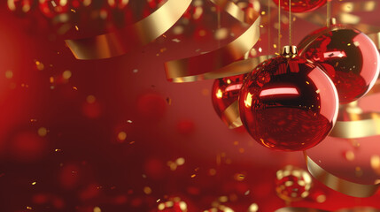 Merry Christmas and Happy New Year festive background decorations balls hanging on a ribbon