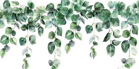 Watercolor illustration of eucalyptus leaves hanging from a branch on a white background for nature and wellness concept