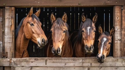 Four horses with brown coats and white markings look out of their stable stalls with curious expressions. The horses are arranged in a row, with their heads close together. The stable walls are made o - Powered by Adobe