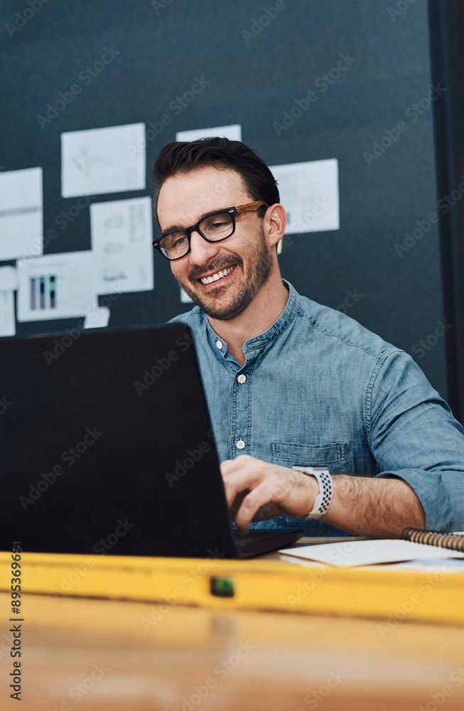 Poster Laptop, architecture and happy man in office for design research, planning and building project. Computer, smile and young engineer in workplace for contractor, development and industrial blueprint