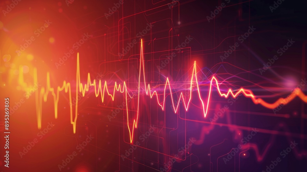 Poster this image showcases a red and orange abstract waveform pattern on a digital background. it symboliz