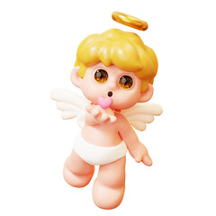 Funny Cupid Blowing Little Pink Heart Kiss, little angels or amur. 3D Cute Cartoon Cute little kids with heart wings. Happy Valentines day, love and romantic concept.