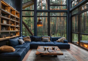 Cozy Scandinavian Living Room with Dark Blue Tones and Winter Forest View