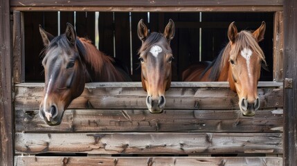 Three brown horses with white markings on their faces peek curiously out of a wooden stall door. They are looking directly at the camera, creating a sense of connection with the viewer. The image repr
