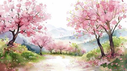 Obraz premium A calming watercolor landscape featuring cherry blossom