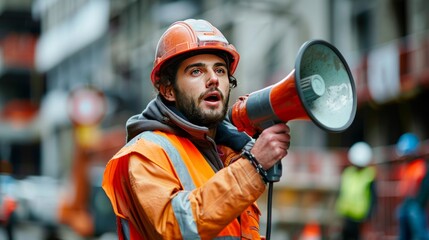Construction worker shouting into a megaphone on site
